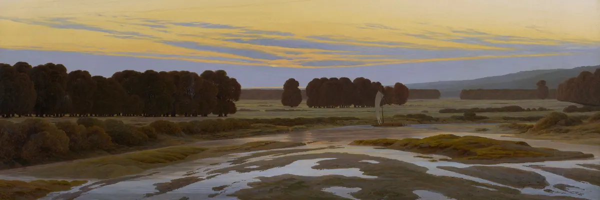 eine Landschaft in der Abenddämmerung mit Wasserflächen und Bäumen