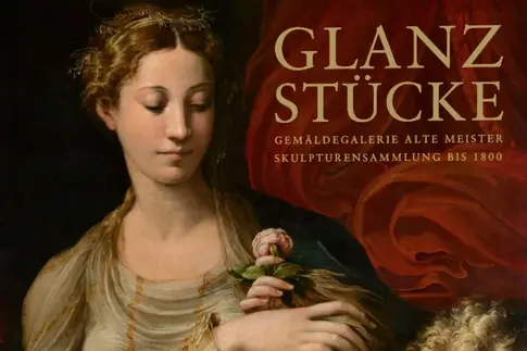 Ein Ausstellungsplakat "Glanzstücke" mit der Darstellung einer Frau, der ein Amor eine Rosa einreicht. 