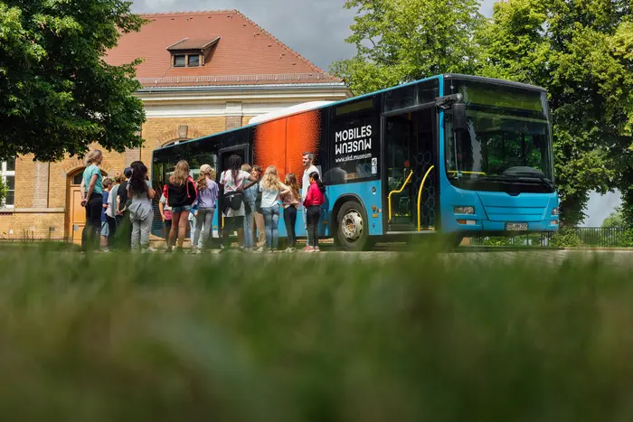 ein Bus mit Kindern mit Wiese im Vordergrund