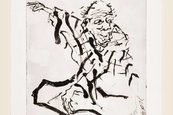 Georg Baselitz, Weihnachtsgrafik 2015 (Besuch von Hokusai), 2015 Firgur aus schwarzen Strichen auf hellem Papier
