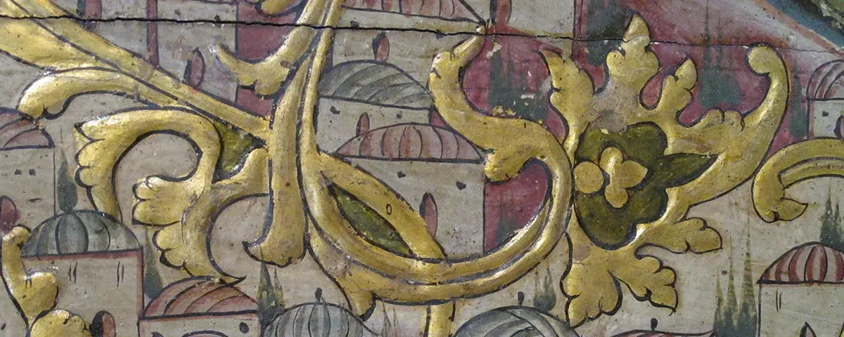 Detail von gemalten Ornamenten auf Holz 