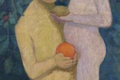 Paula Modersohn-Becker, Stehender und kniender Mädchenakt vor Mohnblumen II, 1906 zwei Mädchen unbekleidet vor einem Blumenfeld
