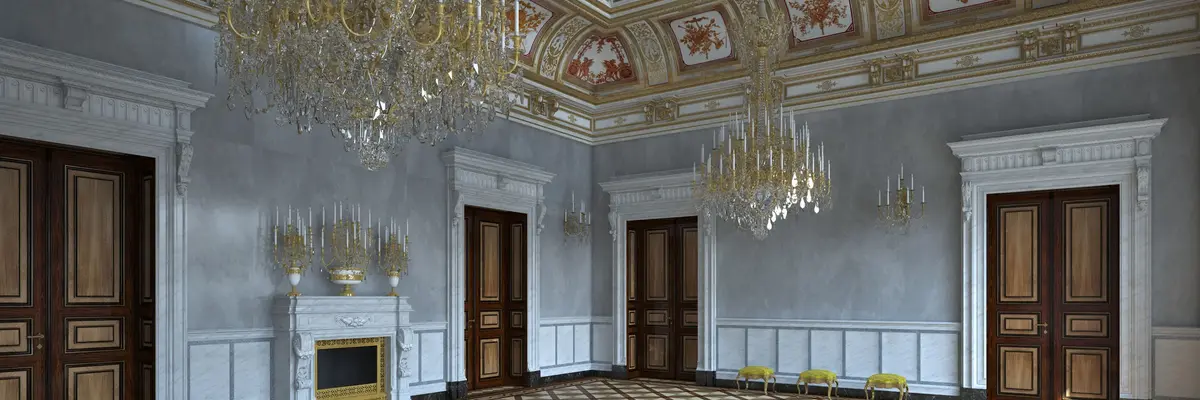 Ansicht eines Saales mit Kronleuchtern